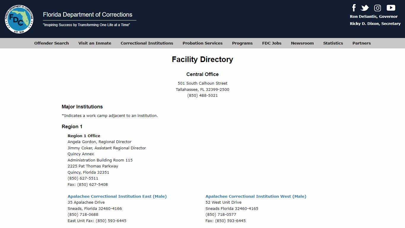 Facility Directory -- Florida Department of Corrections